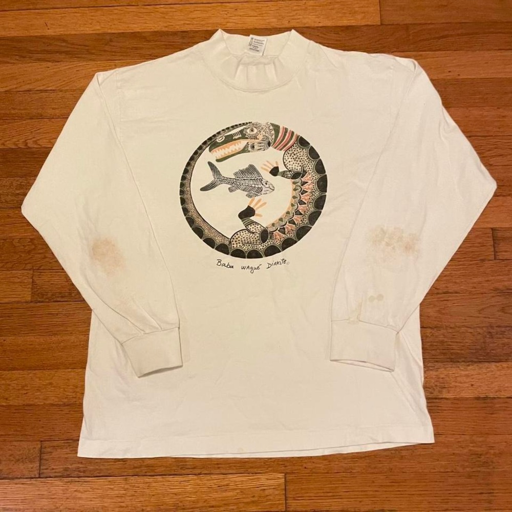 VTG 90s Baba Wague Diakite lizard and‎ fishlong sleeve mock neck tshirt XL USA